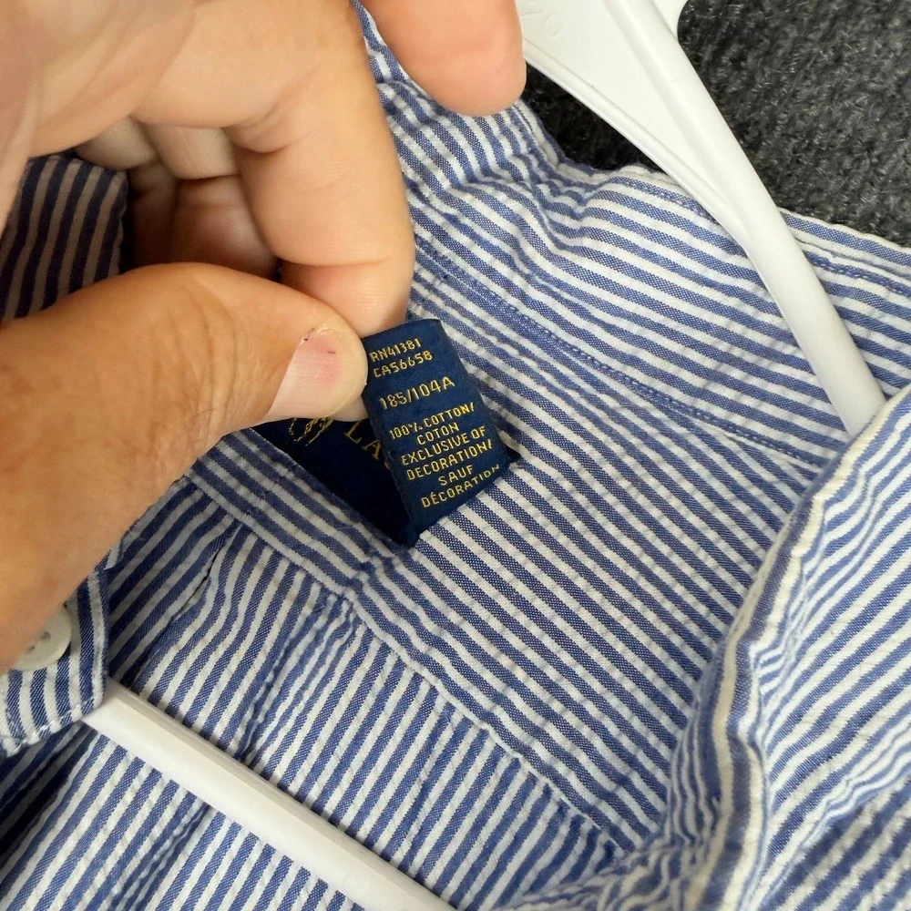 Polo Ralph Lauren Shirt Mens XL Blue White Striped‎ Seersucker SS Button Down